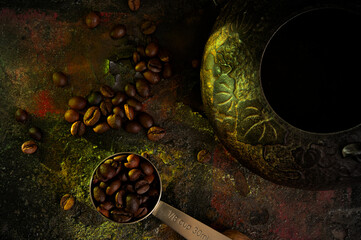 sill life with coffee grains and yellow rose