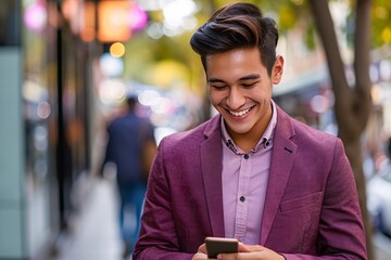 Young man wearing a purple suit and smiling while looking at his cell phone. Generative AI