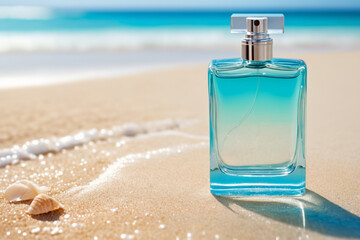 Close-up of a perfume bottle on sandy beach, with azure sea on blurred background. Product image, mockup - 714942652