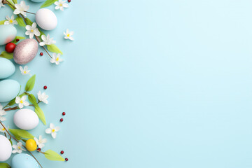 Obraz na płótnie Canvas Easter eggs on blue background, empty space