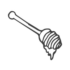 Icon for Honey Spoon. Sketch of wooden Stich with syrup drip. Hand drawn etching.