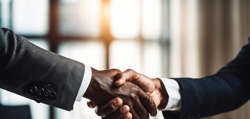 Two happy male business partners handshaking reaching agreement on negotiations, leader greeting skilled capable worker employee with reward promotion, content client and banker finishing deal - obrazy, fototapety, plakaty