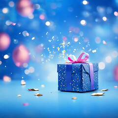 Gift box or present and flying confetti against blue bokeh background generative ai. 