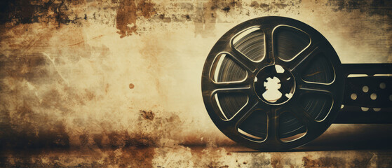 Banner with the texture of old vintage film film and reels. Cinematic nostalgia