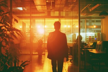 Businessman walking into the tech startup office with sunset lighting atmosphere. Generative AI