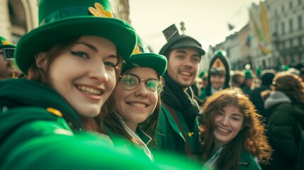 A group of motley happy and cheerful people in green suits at a city celebration in honor of St. Patrick's Day - obrazy, fototapety, plakaty