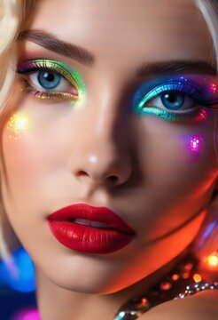 The image features a close-up of a woman with a bold makeup look, including multicolored glitter on her eyelids and lips. The woman's eyes are blue and she has blonde hair.