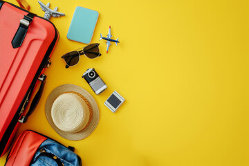 Suitcase with travel accessories, sunglasses, hat and camera on a yellow background with copy space for text. Travel concept, minimal style - obrazy, fototapety, plakaty