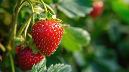 Ripe strawberries growing on a bush