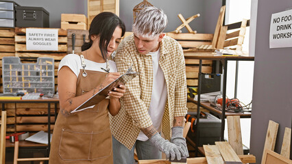 Woman and man collaborate in a woodshop, writing notes and reviewing work with tools and wood...