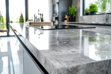 The island of the marble kitchen counter is a close-up for displaying products in the kitchen space