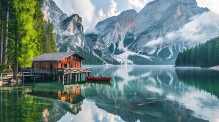 Obraz premium Landscape lake with a small house on the shore and a boat on the background of rocks