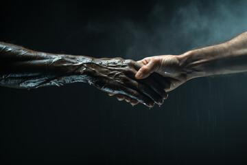 A helping hand extended to lift someone out of darkness and despai - obrazy, fototapety, plakaty