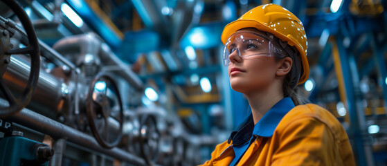 Empowering Female Engineer Monitoring Machinery Progress in a High-Tech Manufacturing Plant - obrazy, fototapety, plakaty