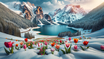 A picturesque landscape with colorful tulips emerging from snow, overlooking a serene lake surrounded by snowy mountains under a clear sky.Landscape concept. AI generated. - obrazy, fototapety, plakaty