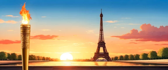 Fotobehang Illustration of the Olympic Torch lit in a beautiful sunset in the city of Paris. © DR Moura