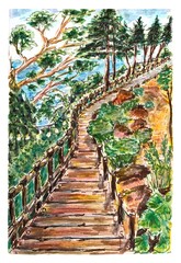 Wooden staircase to the mountains, watercolor landscape
