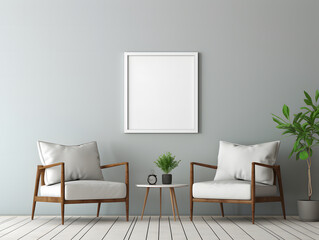 3D living room with two chairs and blank white frame mockup