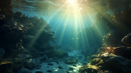 Fototapeta na wymiar Sun Light into the Underwater Cave, Ai generated image
