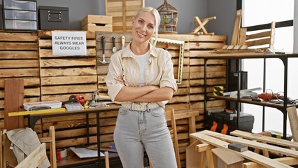 Vivacious young blonde woman carpenter with delightful smile, arms crossed, standing pridefully in bustling carpentry workshop full of timber and joy