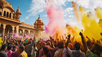A vibrant explosion of powdered colors fills the air as a joyous crowd celebrates Holi in a city square. Faces smeared with bright hues, the dynamic movement, and the palpable ener - obrazy, fototapety, plakaty