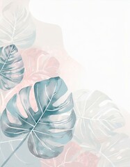 Exotic banner in light colors. Monstera. Floral cover, tropical leaves pattern in watercolor style. Platinum vertical vector template for luxury party, luxury voucher, gift card.