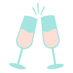 Champagne Wineglasses flat style. Cheers, clink of glasses, toast. Retro Cartoon Illustration. Perfect For Poster, Card, Invitation, Tshirt Print, Playroom Wall Hanging Or Valentines Day Greeting Card