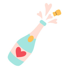 Champagne open bottle, popping plug, flat style. Retro. Cartoon Vector Illustration. Perfect For Poster, Card, Invitation, Tshirt Print, Playroom Wall Hanging Or Valentines Day Greeting Card.