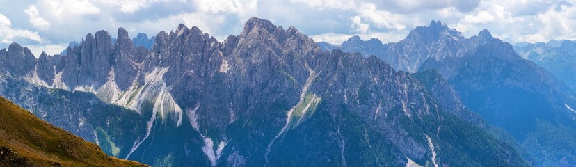 panoramic view of the Sexten dolomites mountains - obrazy, fototapety, plakaty