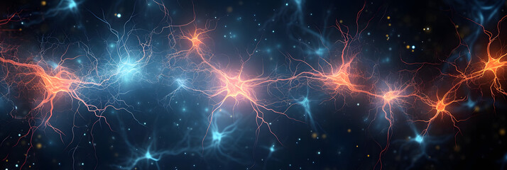Abstract glowing neuron cells, concept of information transmitting in the brain - obrazy, fototapety, plakaty