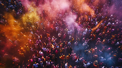 An overhead shot of a Holi festival in full swing, with crowds of people dancing, throwing colors, and celebrating amidst a sea of colorful powders. The aerial perspective captures