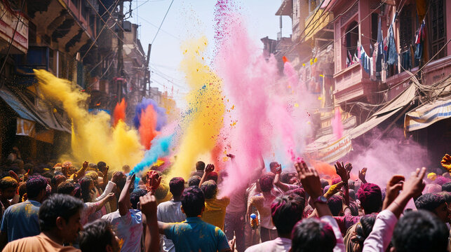 Amidst the hustle and bustle of a crowded street, participants in Holi festivities joyously fling bright gulal powder into the air, creating a cloud of colors that engulfs the cele