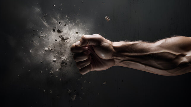 Male powerfull punch to broken wall