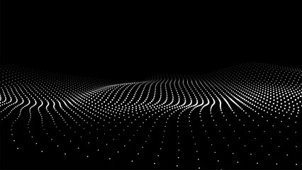 Futuristic wave of white smoothly moving dots on a black background. Vector EPS10.