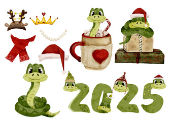Set of watercolor snakes, cute Christmas snakes, symbol 2025 years
