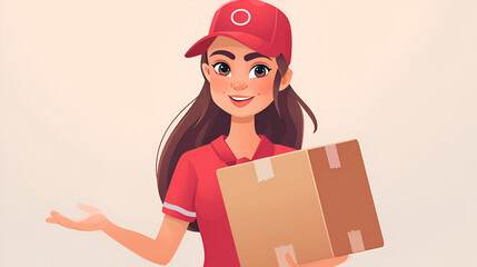 vector illustration of Delivery courier service. Delivery girl in red cap and uniform holding a cardboard box on isolated background. Smiling girl postal delivery girl delivering a package. Labor Day,