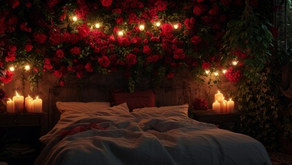 night lights and candles over the bed in a romantic atmosphere Generative AI