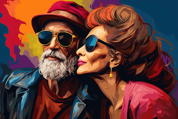 Happy stylish mature couple in love embracing. Portrait of an elderly couple together. Cheerful senior couple. Elderly couple relaxing at the party. Happy tourist mature couple.