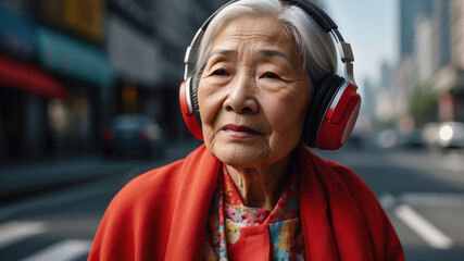 Portrait Asian old grandmother wearing headphones made bright fashion colors. against the backdrop the city. Concept of listening to music on audio media adult woman. Portable all-in-one music audio