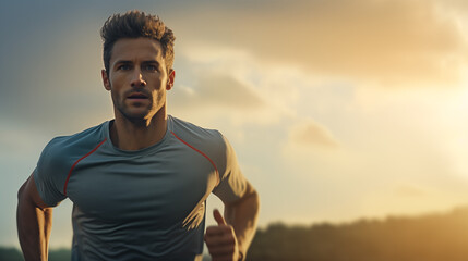 Jeune homme en tenue de sport faisant un jogging, avec un coucher de soleil en arrière-plan. Courir, sport, sportif, footing. Pour conception et création graphique - obrazy, fototapety, plakaty
