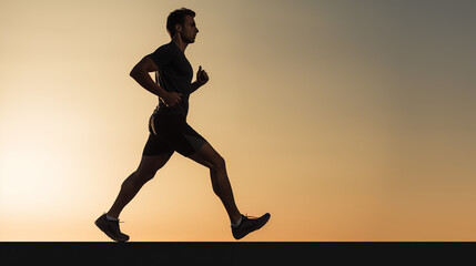 Jeune homme en tenue de sport faisant un jogging, sur un arrière-plan de coucher de soleil. Courir, sport, sportif, footing. Pour conception et création graphique