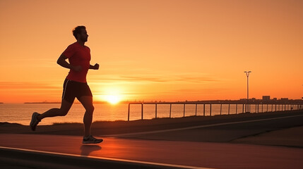 Jeune homme en tenue de sport faisant un jogging, avec un coucher de soleil en arrière-plan. Courir, sport, sportif, footing. Pour conception et création graphique - obrazy, fototapety, plakaty