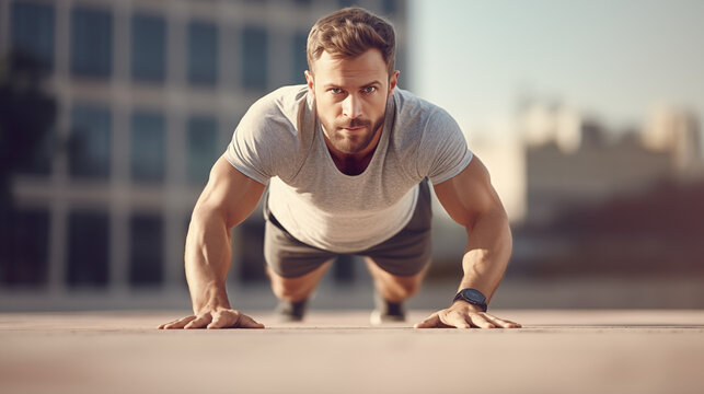 Jeune homme en tenue de sport faisant des pompes, avec un immeuble en arrière-plan. Musculation, sport, sportif, muscle. Pour conception et création graphique