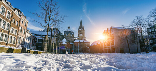The famous Huge gothic cathedral of The Emperor Karl in Aachen Germany during winter season with...