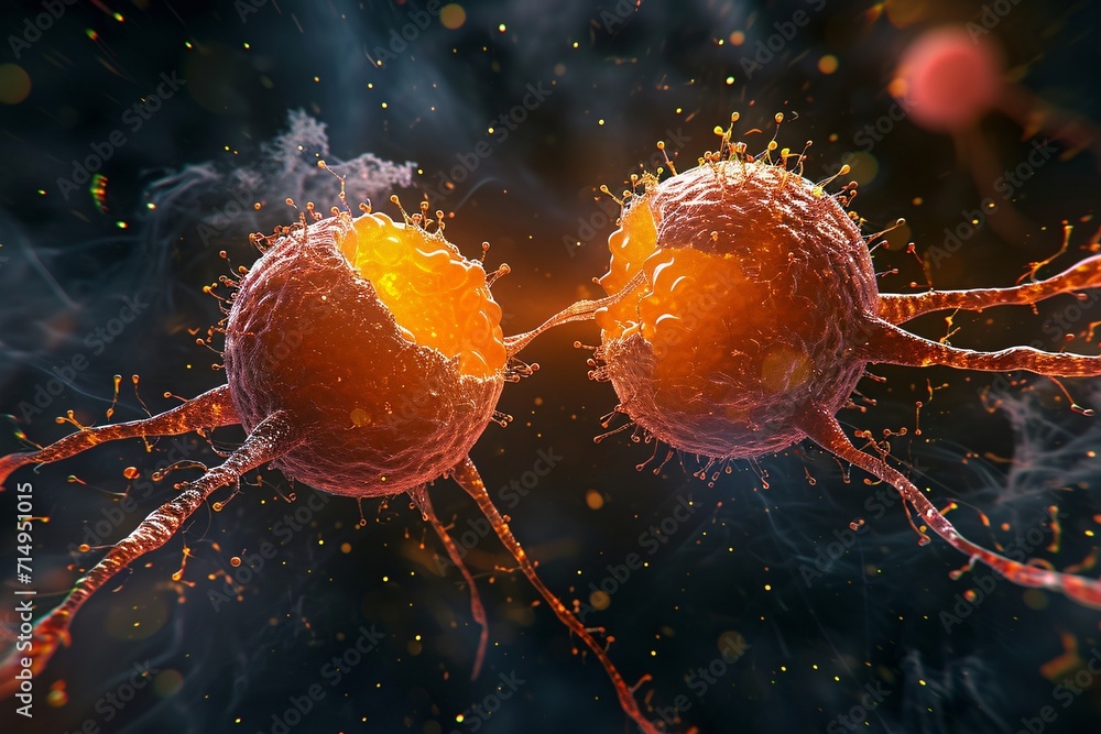 Poster two orange and yellow cells with a yellow line connecting them generative ai