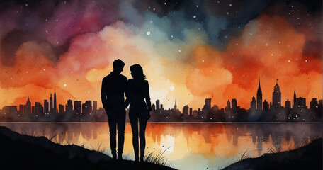 beautiful couple in love. A man and a woman in a gentle embrace. an illustration for Valentine's Day. the concept of a family. Two silhouettes against the background of the city - Powered by Adobe