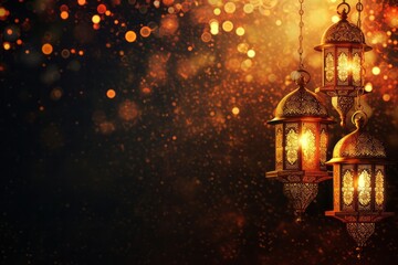 Ramadan Kareem greeting card with ornamental Arabic lanterns with burning candle glowing, invitation for Muslim holy month Ramadan Kareem, eid al fitr, eid al qurban, eid al adha