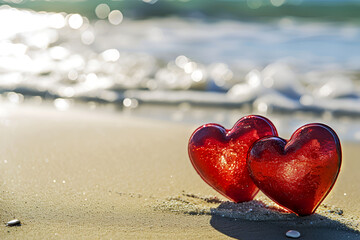 Fototapeta premium Two red glass hearts on sandy beach with sparkling sea background. Romantic red hearts on sunny beach, symbolizing love and Valentine's Day
