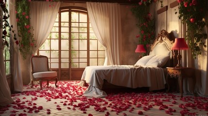 Bed adorned with rose petals