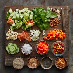 Freshly Prepared Salad Ingredients on Wooden Board